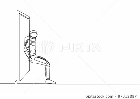 Continuous one line drawing of young astronaut pushing door with his back. Spaceman overcoming obstacles in spaceship expedition. Cosmonaut outer space. Single line graphic design vector illustration 97312887