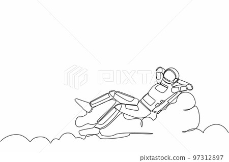 Single continuous line drawing of young astronaut relaxing laying on clouds after wormhole exploration. Future technology development. Cosmonaut deep space. One line graphic design vector illustration 97312897