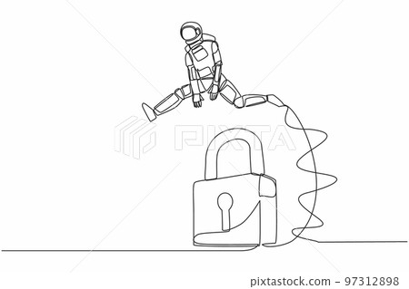 Single one line drawing astronaut jumping padlock. Space company protection security. Success expedition key accessibility. Cosmic galaxy space. Continuous line draw graphic design vector illustration 97312898