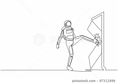 Single one line drawing young astronaut kicks door until door shattered in moon surface. Spaceman kicking locked door, destroy. Cosmic galaxy space. Continuous line graphic design vector illustration Single one line drawing young astronaut kicks door until door shattered in moon surface. Spaceman kicking locked door, destroy. Cosmic galaxy space. Continuous line graphic design vector illustration 97312899