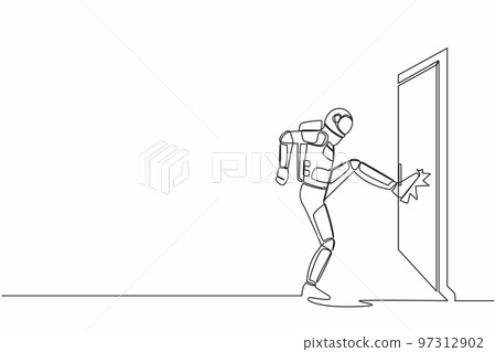 Continuous one line drawing of astronaut kicks door closed with his leg. Aggressive space business approach. Expedition struggles. Cosmonaut outer space. Single line graphic design vector illustration Continuous one line drawing of astronaut kicks door closed with his leg. Aggressive space business approach. Expedition struggles. Cosmonaut outer space. Single line graphic design vector illustration 97312902