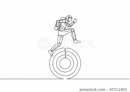 Single continuous line drawing astronaut running on target board in moon surface. Move forward in spaceship tech for galactic expedition. Cosmonaut deep space. One line draw design vector illustration Single continuous line drawing astronaut running on target board in moon surface. Move forward in spaceship tech for galactic expedition. Cosmonaut deep space. One line draw design vector illustration 97312903