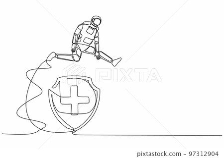 Continuous one line drawing young astronaut jump over big shield. Protection and insurance for spaceship failure. Future development. Cosmonaut outer space. Single line draw design vector illustration 97312904