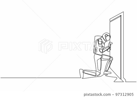 Single continuous line drawing astronaut prying doorknob with screwdriver. Spaceman repair broken handle door knob with handyman tool. Cosmonaut deep space. One line graphic design vector illustration Single continuous line drawing astronaut prying doorknob with screwdriver. Spaceman repair broken handle door knob with handyman tool. Cosmonaut deep space. One line graphic design vector illustration 97312905