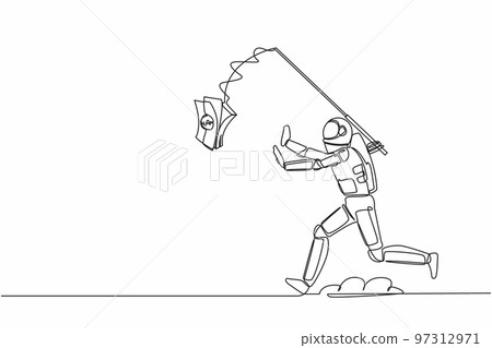 Continuous one line drawing astronaut running chasing bait of banknote from himself. Greedy of collecting money in space industry. Cosmonaut outer space. Single line graphic design vector illustration Continuous one line drawing astronaut running chasing bait of banknote from himself. Greedy of collecting money in space industry. Cosmonaut outer space. Single line graphic design vector illustration 97312971