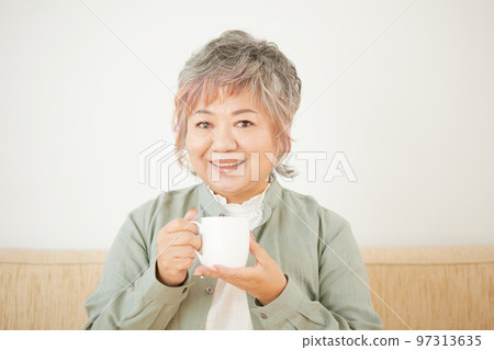 Senior woman drinking tea on the sofa Senior woman drinking tea on the sofa 97313635