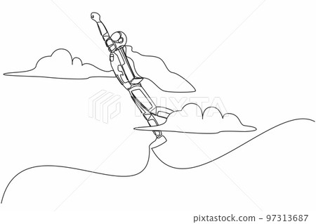 Continuous one line drawing super young astronaut in cloak flying up to cloud sky. Spaceship startup business idea or launching. Cosmonaut outer space. Single line graphic design vector illustration Continuous one line drawing super young astronaut in cloak flying up to cloud sky. Spaceship startup business idea or launching. Cosmonaut outer space. Single line graphic design vector illustration 97313687