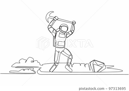 Single continuous line drawing of young astronaut in moon hole prancing while lifting pickaxe with hands. Spaceman mining for diamond. Cosmonaut deep space. One line graphic design vector illustration Single continuous line drawing of young astronaut in moon hole prancing while lifting pickaxe with hands. Spaceman mining for diamond. Cosmonaut deep space. One line graphic design vector illustration 97313695