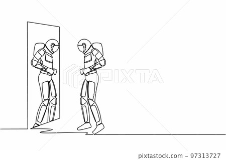 Single continuous line drawing astronaut standing front of mirror and see himself getting big belly and fix his belt. Obesity spaceman. Cosmonaut deep space. One line draw design vector illustration 97313727