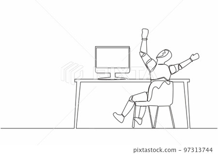 Continuous one line drawing back view of happy robot completed task and triumphing with raised hands on desk. Humanoid cybernetic organism. Future robotic. Single line draw design vector illustration 97313744