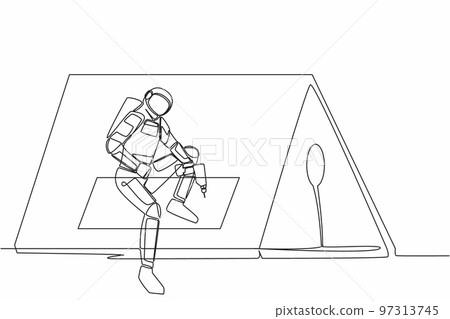 Single one line drawing of astronaut roofer installing wooden or bitumen shingle at home in moon surface. Ability to repair operating system. Cosmic galaxy space. Continuous line graphic design vector 97313745