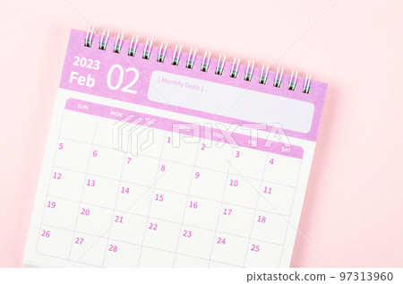 The February 2023 calendar desk for the organizer to plan and reminder isolated on pink background. 97313960