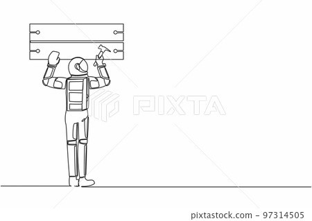 Single one line drawing young astronaut worker hammering and nailing wood on wall. Spaceman ability to repair operating system. Cosmic galaxy space. Continuous line graphic design vector illustration Single one line drawing young astronaut worker hammering and nailing wood on wall. Spaceman ability to repair operating system. Cosmic galaxy space. Continuous line graphic design vector illustration 97314505