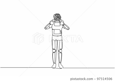 Single continuous line drawing astronaut with round scribbles instead of head. Confused spaceman showing thumb up. Deal, like, agree. Cosmonaut deep space. One line graphic design vector illustration 97314506