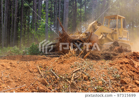 Working with tractor during deforestation landscaping for preparation construction site with removal of roots 97315699