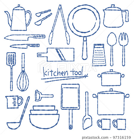 Hand-drawn kitchen tool set line drawing only, no background 97316159