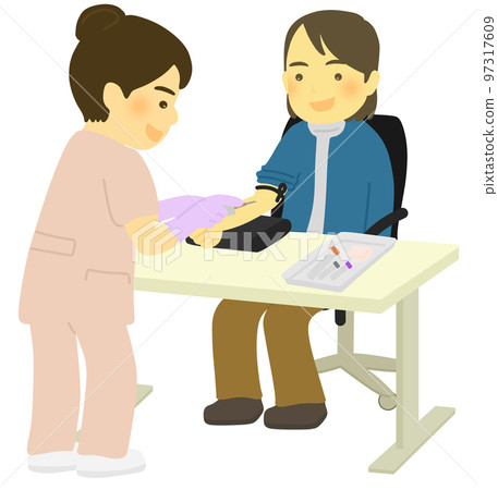 Healthcare workers and patients drawing blood 97317609