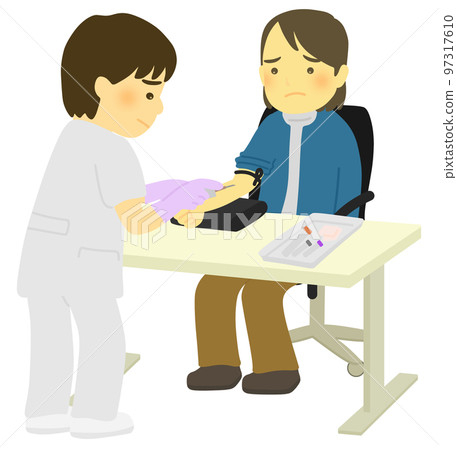 Healthcare workers and patients drawing blood 97317610