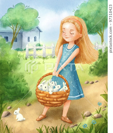 Watercolor card with cute girl with basket of rabbits on the background of nature and rustic house. Bunny animal on nature illustration. 97318423