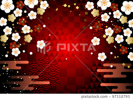 六角吉祥圖案上拱梅的紅色日本背景水平 97318793