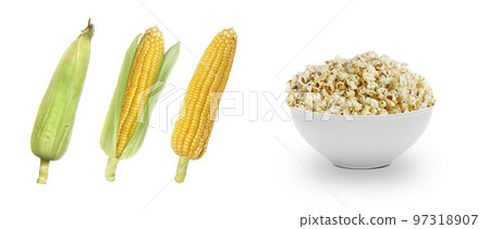 Set of Sweet corn and popcorn in bowl isolated on white background 97318907