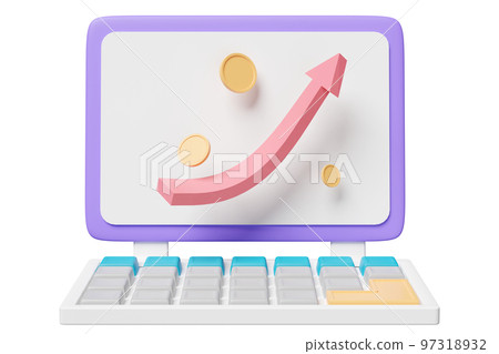 3d stock market uptrend chart with investing in different currencies, on laptop computer screen isolated. business data analysis concept, 3d render illustration 97318932