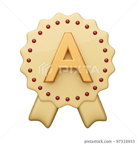 3d winner medal or golden quality guarantee ribbon with character A isolated. premium quality ribbon, minimal concept, 3d render illustration 3d winner medal or golden quality guarantee ribbon with character A isolated. premium quality ribbon, minimal concept, 3d render illustration 97318933