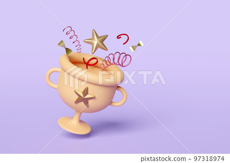 Golden champion cup or trophies with floating star, geometric shapes isolated on purple background. reward cup concept, 3d illustration or 3d render 97318974