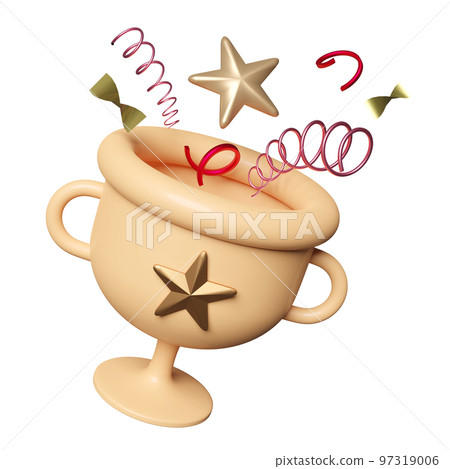 Golden champion cup or trophies with floating star, geometric shapes isolated. reward cup concept, 3d illustration or 3d render 97319006