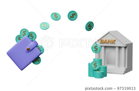 bank or tax office building with purple wallet,dollar coins stacks isolated. saving money concept,3d illustration,3d render 97319013