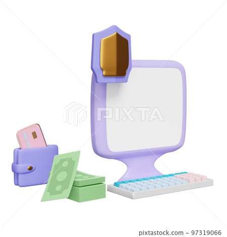 3d computer with golden shield, banknote stacks, wallet, credit card isolated. Internet security or privacy protection or ransomware protect concept, 3d render illustration 3d computer with golden shield, banknote stacks, wallet, credit card isolated. Internet security or privacy protection or ransomware protect concept, 3d render illustration 97319066