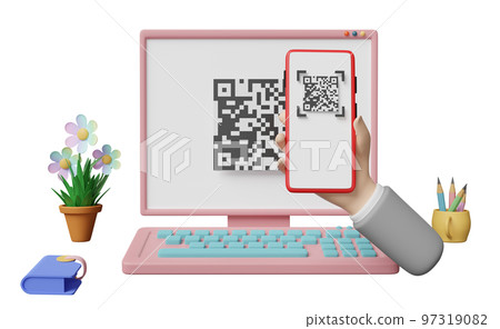 3d computer monitor with hand holding mobile phone, smartphone, qr code scanning isolated. franchise business or online shopping, cashless payment concept, 3d render illustration 97319082