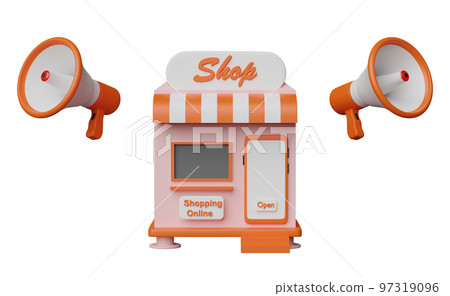 3d shop, store front with megaphone or hand speaker isolated. online marketing shopping, promotion news for social media networks concept, 3d render illustration 3d shop, store front with megaphone or hand speaker isolated. online marketing shopping, promotion news for social media networks concept, 3d render illustration 97319096
