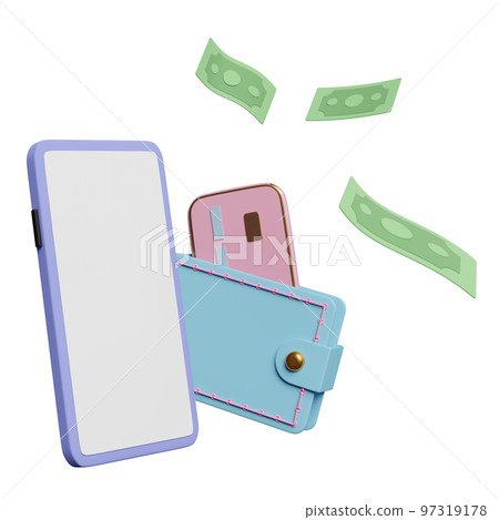 wallet with mobile phone, smartphone, credit card, banknote isolated. saving money concept, 3d illustration or 3d render wallet with mobile phone, smartphone, credit card, banknote isolated. saving money concept, 3d illustration or 3d render 97319178
