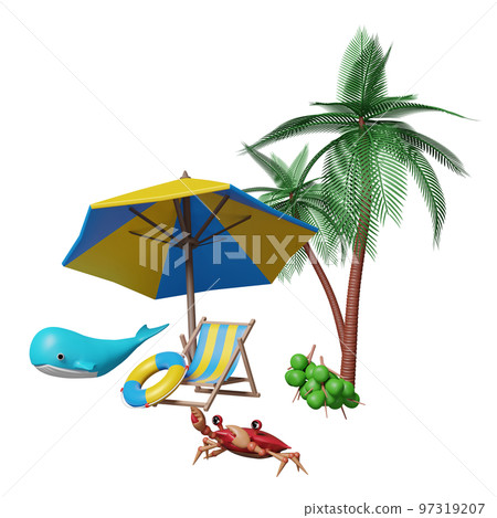 summer travel with beach chair, umbrella, palm tree, coconut, whale, crab, lifebuoy isolated. shopping summer sale concept, 3d illustration, 3d render summer travel with beach chair, umbrella, palm tree, coconut, whale, crab, lifebuoy isolated. shopping summer sale concept, 3d illustration, 3d render 97319207