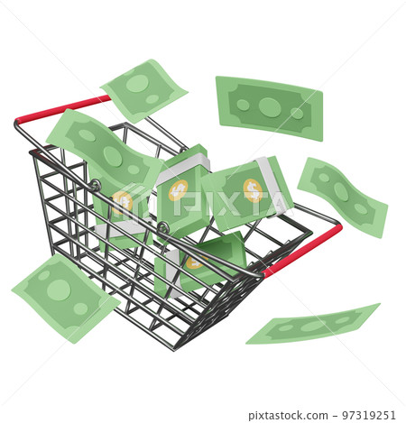 dollar banknote pile with shopping cart isolated. economic movements or business finance concept, 3d illustration or 3d render 97319251