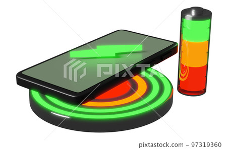 Wireless charging pedestal with smartphone battery isolated. charging battery technology concept, 3d illustration, 3d render 97319360