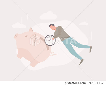 Time saving illustration with a levitating male character with a wall clock and trying to put a clock in the slot of a piggy bank. Scheduling app, planning techniques, work organization and management 97321437