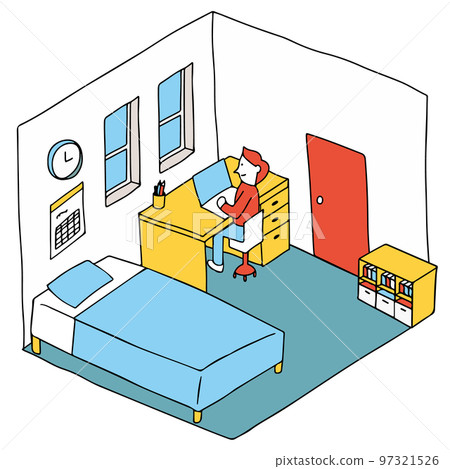 A person at home at a computer A young man studying online in a child's room 97321526