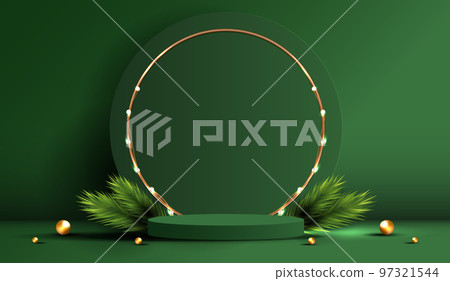 Podium shape for show cosmetic product display for Christmas day or New Years. Stand product showcase on green background with tree christmas. vector design. Podium shape for show cosmetic product display for Christmas day or New Years. Stand product showcase on green background with tree christmas. vector design. 97321544