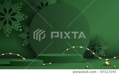 Podium shape for show cosmetic product display for Christmas day or New Years. Stand product showcase on green background with tree christmas. vector design. 97321545