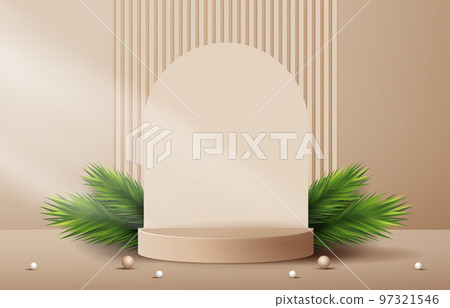 Podium shape for show cosmetic product display for Christmas day or New Years. Stand product showcase on brown background with tree christmas. vector design Podium shape for show cosmetic product display for Christmas day or New Years. Stand product showcase on brown background with tree christmas. vector design 97321546