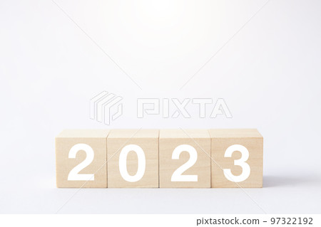 2023 business growing growth concept to success. woods block step with icon concept about business strategy, Action plan, Goal and target, hand stack, project, vision. 97322192