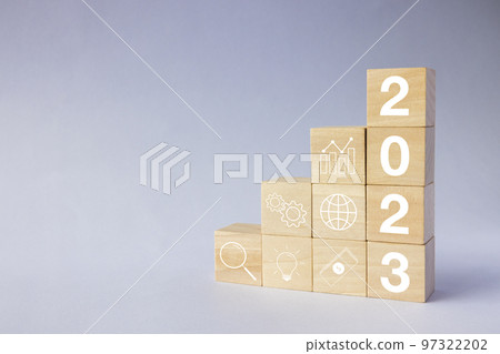 2023 business growing growth concept to success. woods block step with icon concept about business strategy, Action plan, Goal and target, hand stack, project, vision. 97322202