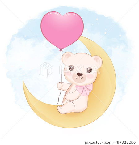 Cute Teddy Bear and heart balloon on the moon, valentine's day concept 97322290