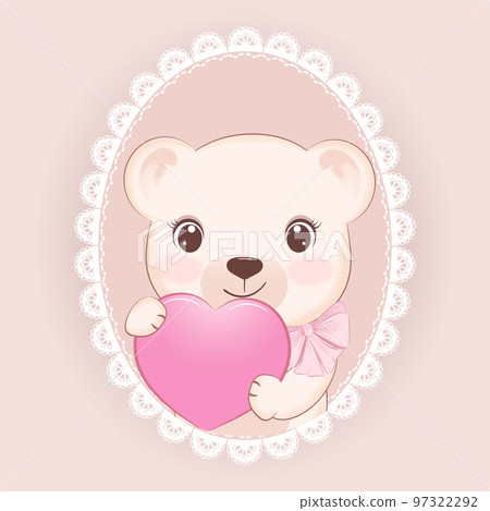 Cute Teddy Bear and heart in oval lace frame, valentine's day concept Cute Teddy Bear and heart in oval lace frame, valentine's day concept 97322292