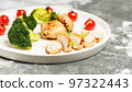 Food banner. Turkey breast meat and broccoli on a white plate. Delicious and healthy food. KETO diet concept 97322443