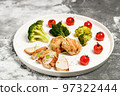 Grilled Turkey breast meat and broccoli on a white plate. Delicious and healthy food. KETO diet concept 97322444