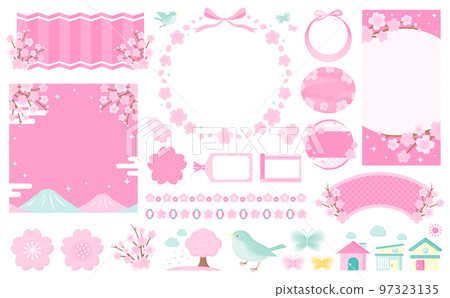Spring-like Japanese style modern cherry blossom frame and vector illustration set material_transparent background_no text 97323135