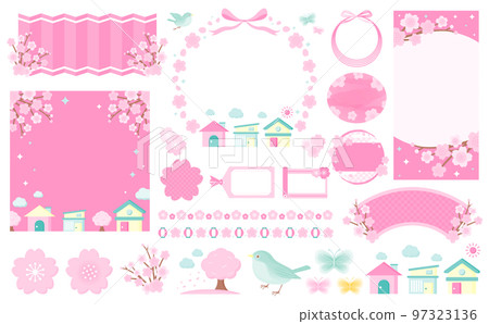 Spring-like Japanese style modern new life cherry blossom frame and vector illustration set material_transparent background_no text 97323136